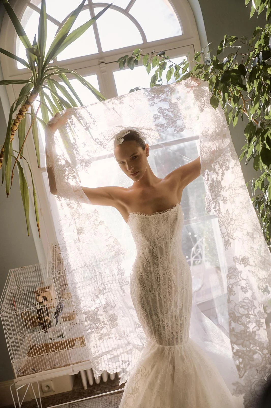Abito da sposa davanti a una finestra ad arco, con velo sollevato. — selezione Maison Yana, riferimento 015